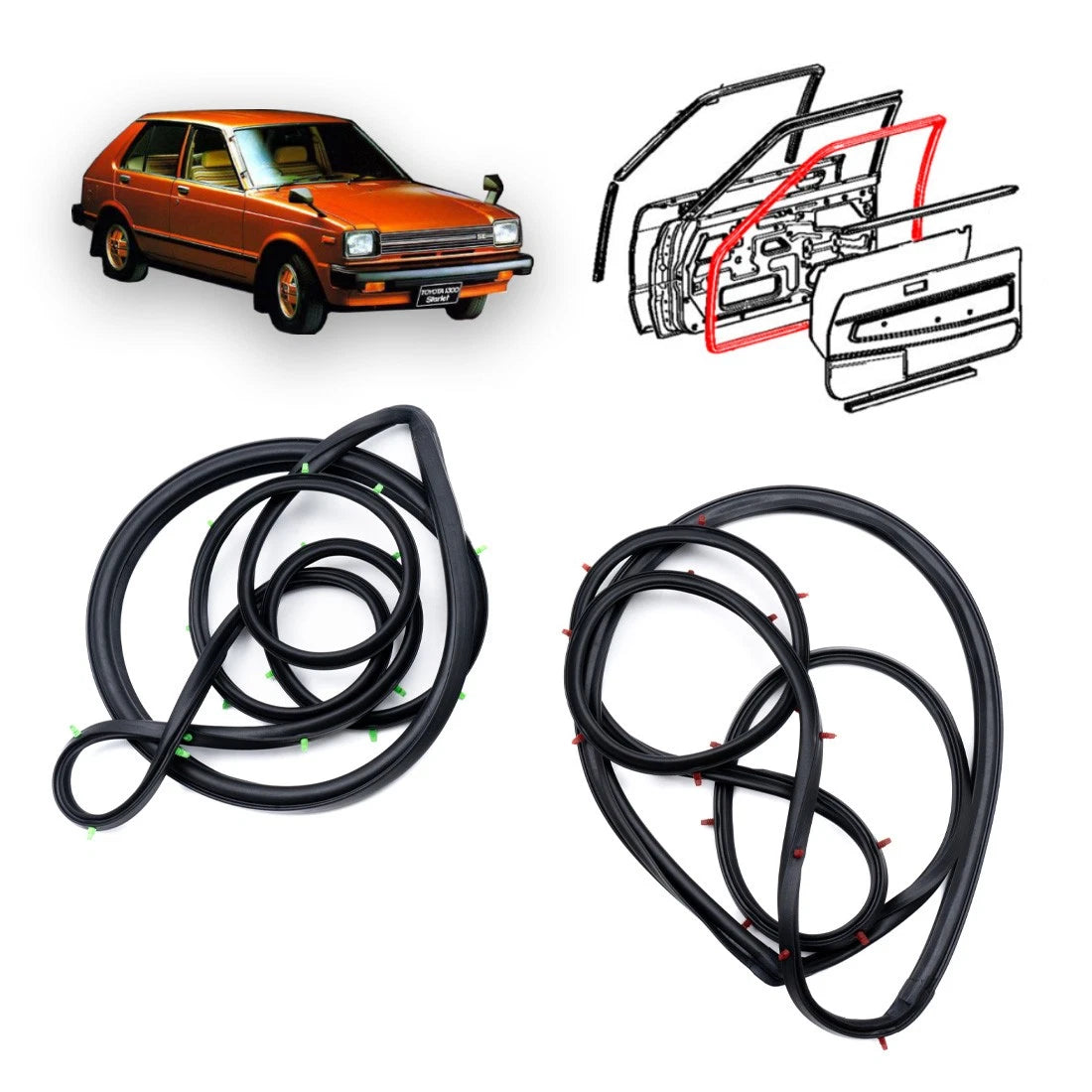 Set of 2 Front Door Weatherstrip Seals for Toyota Starlet (1978–1984)