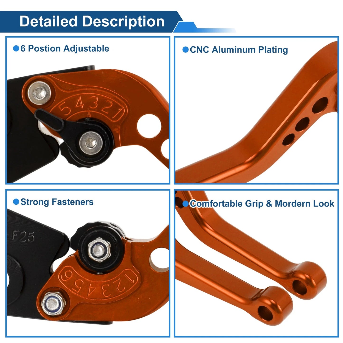 6 Position Adjustable Brake Clutch Levers for Kawasaki Ninja 400R (2011) Orange