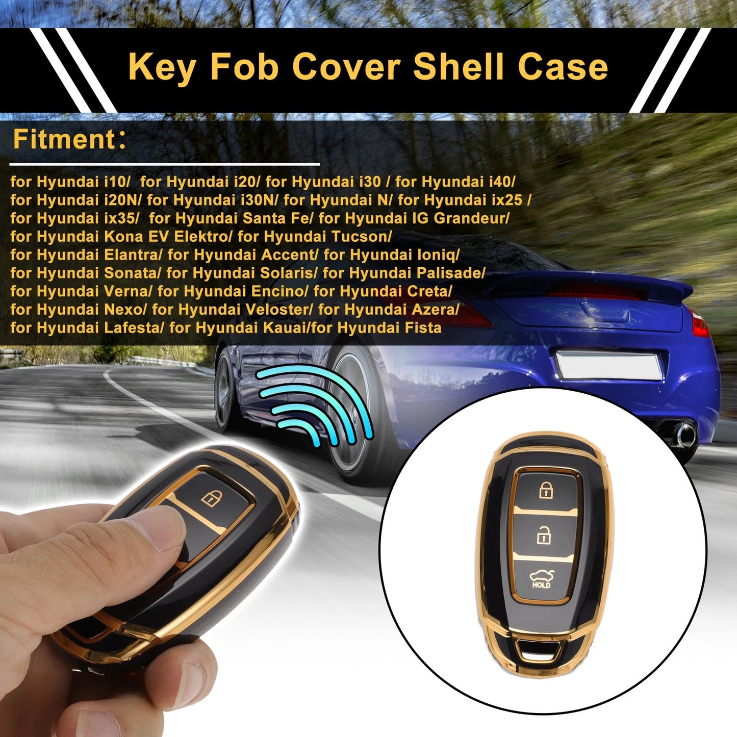 Black Gold Edge Car Key Case for Hyundai i10 (2010–2023) - 3 Buttons