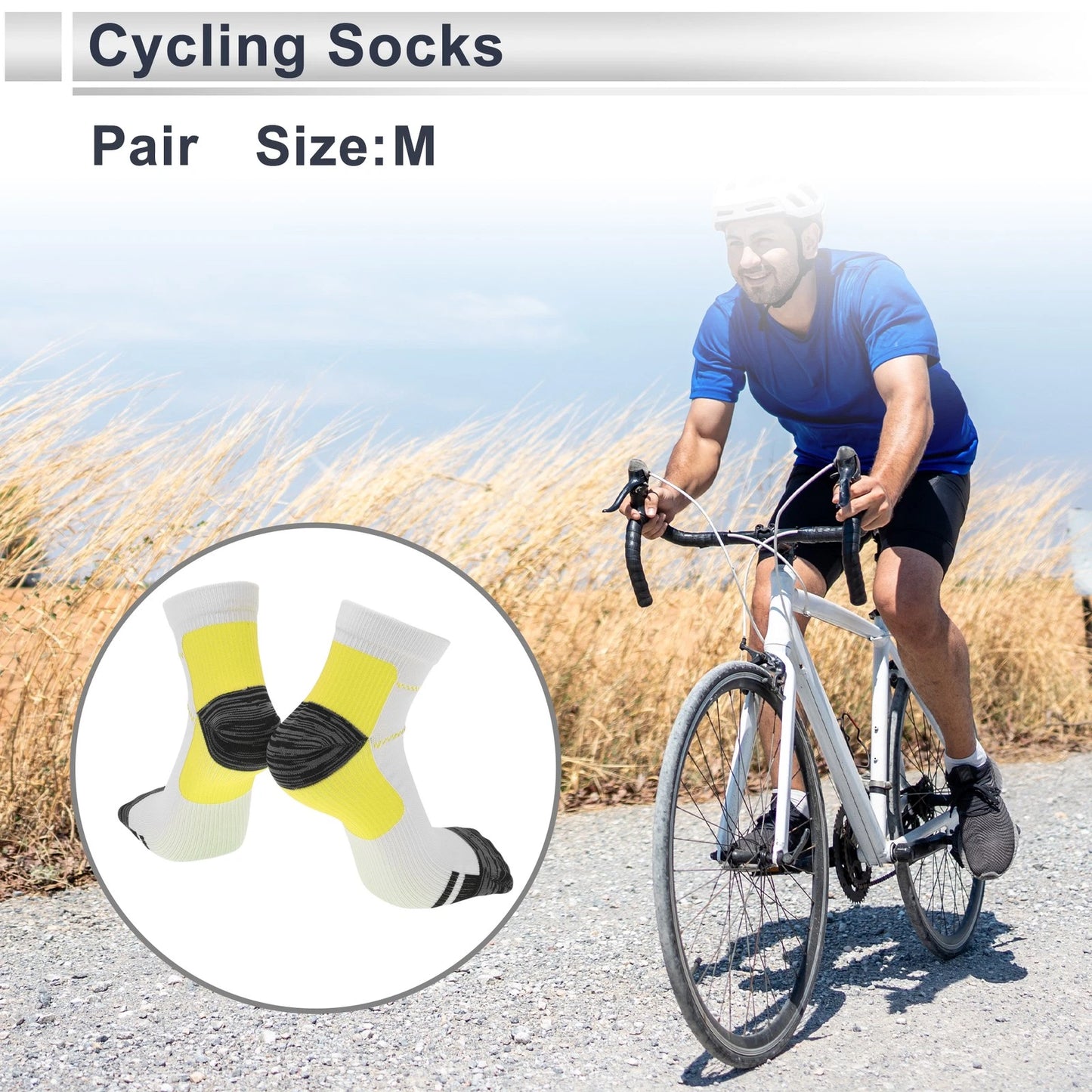 Cycling Socks Anti-Friction Shock Absorption Size M Low-Cut Yellow White