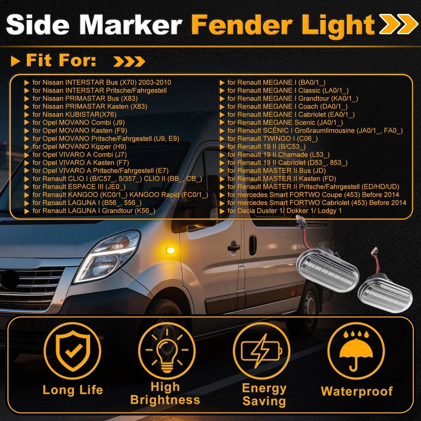 Side Marker Fender Light for Nissan Interstar Bus (2003–2010) Transparent Lens