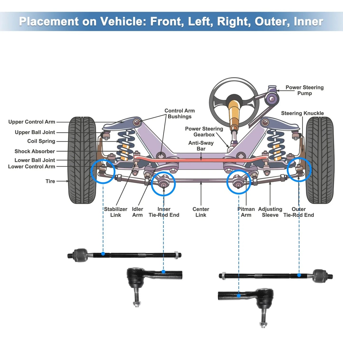 4 x Auto Front Inner Outer Tie Rod End Links Suspension for Dodge Caravan