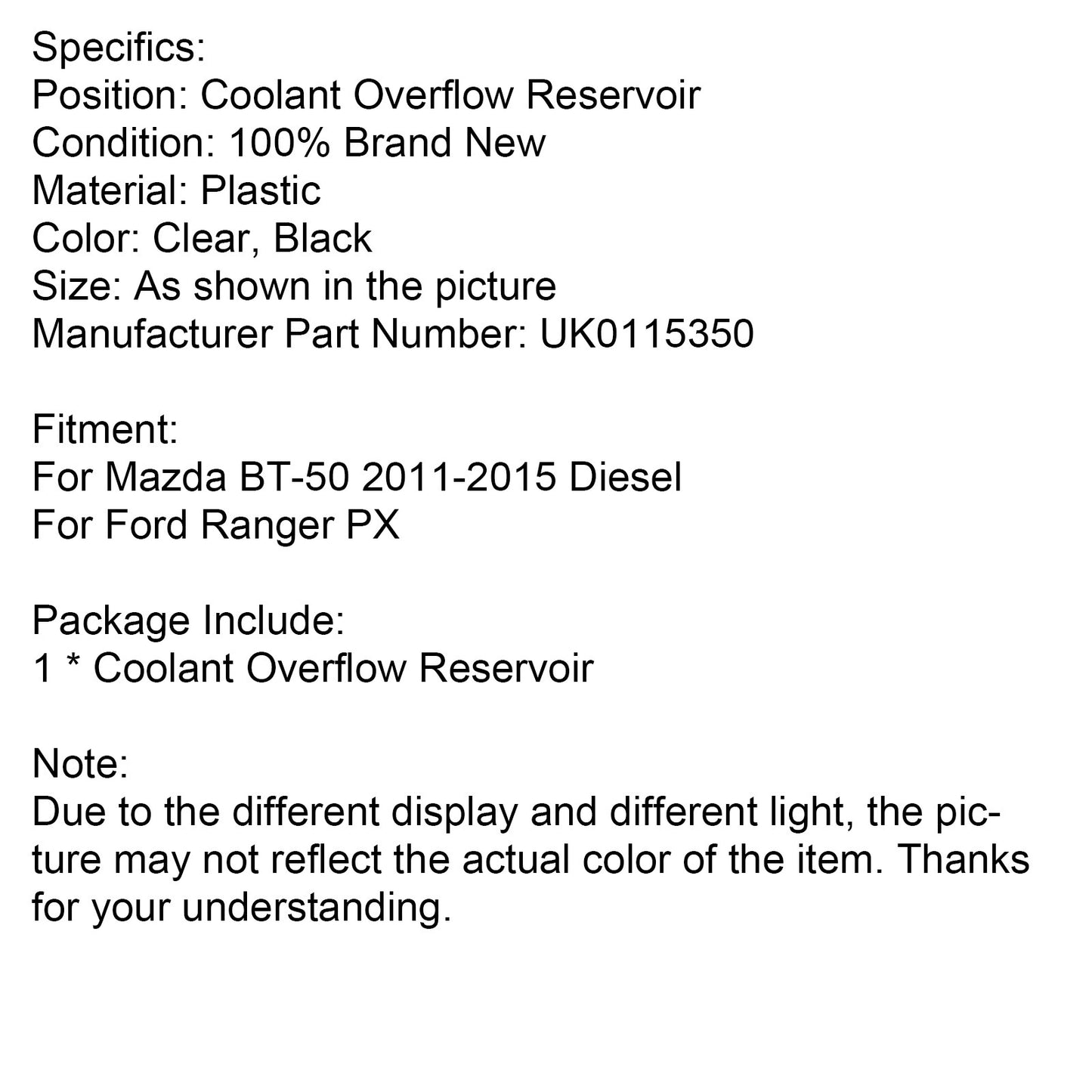 Coolant Overflow Bottle for Mazda BT-50 (2011–2015) & Ford Ranger PX