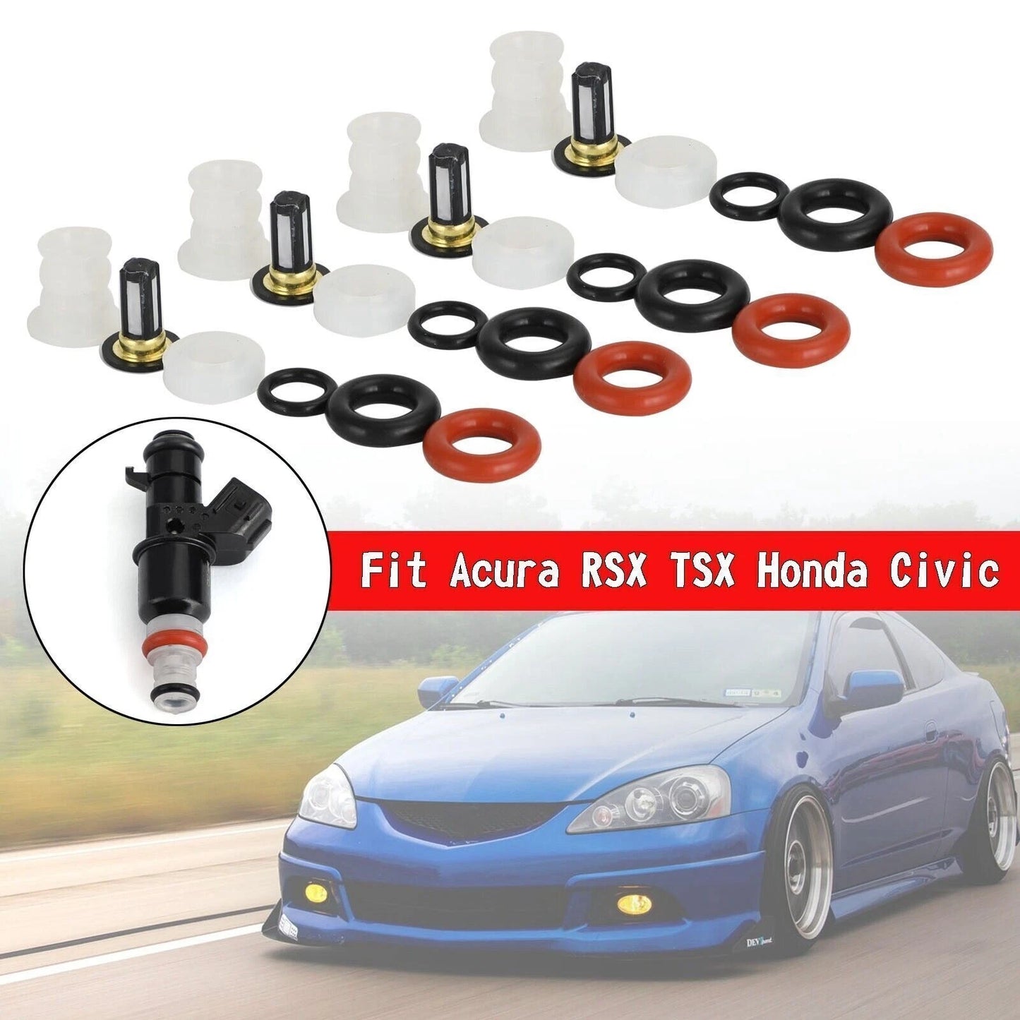 Set of 4 Fuel Injectors Repair Kit Filters O-Rings for Acura RSX TSX Honda Civic