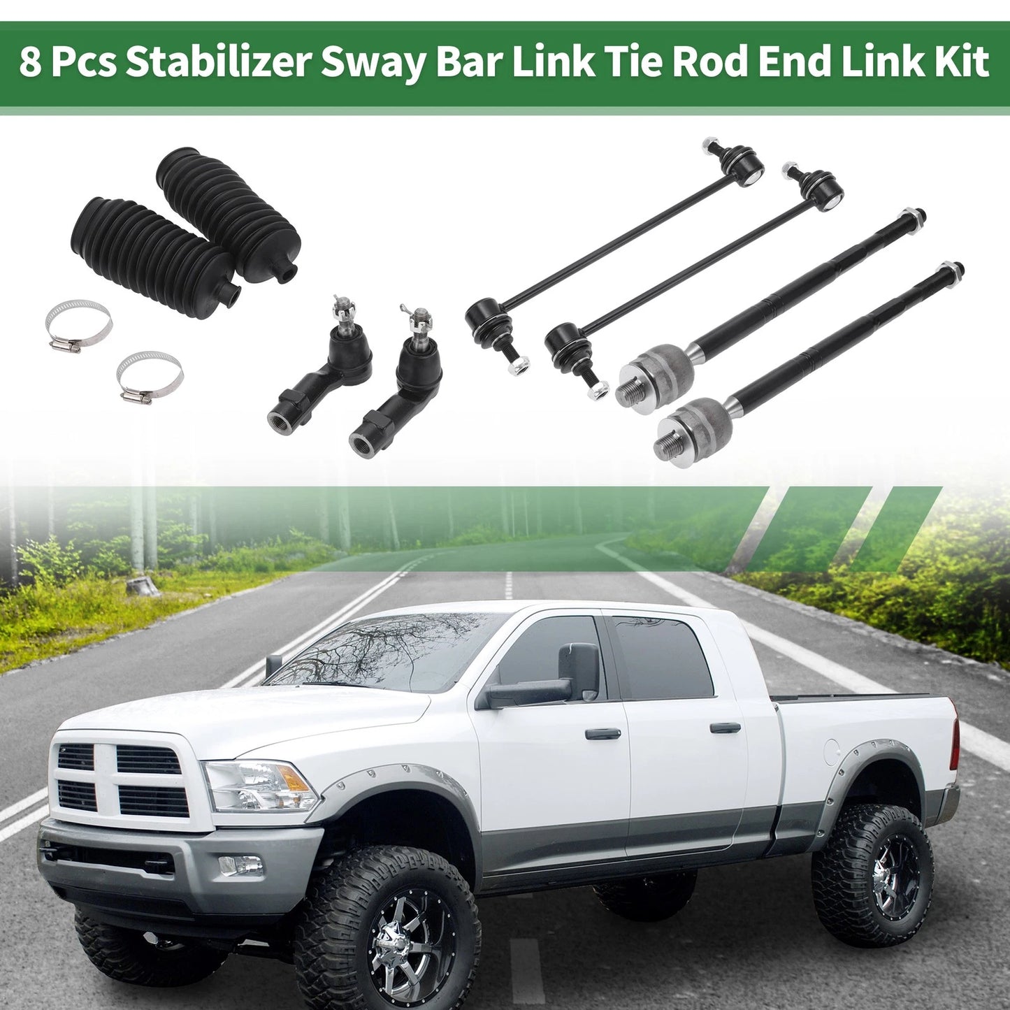 8 Pcs Front Suspension Kit Tie Rod Ends & Sway Bar Links for Dodge