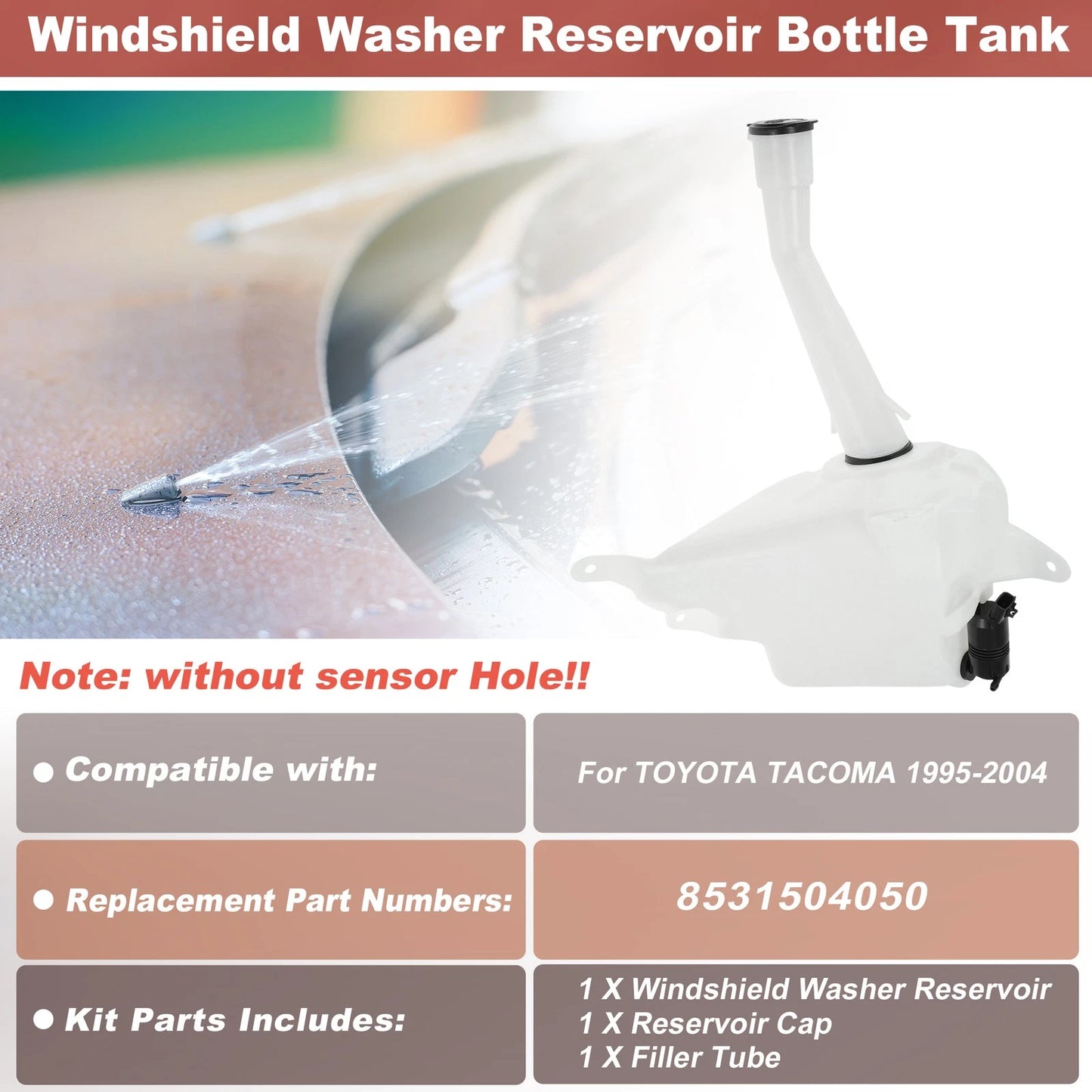 Windshield Washer Reservoir Tank w/Fluid Pump & Cap for Toyota Tacoma (1995–2004)