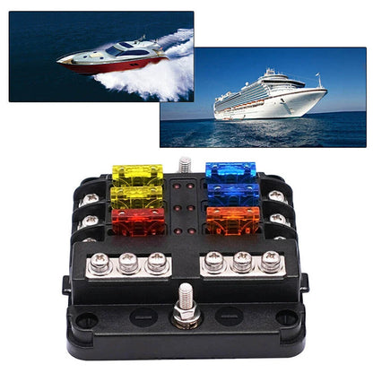 6-Way Blade Fuse Box Block Holder w/ LED Indicator for Marine Bus RVs Boats