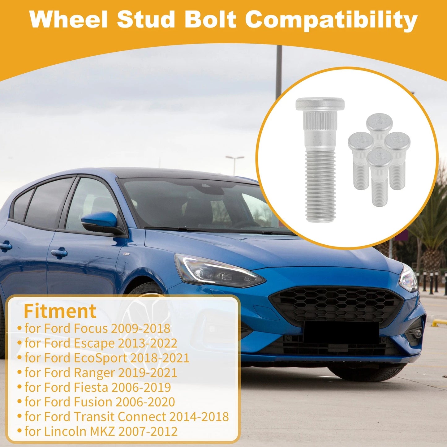 5 pcs M12x1.5 Wheel Lug Stud for Ford Focus (2009–2018) No. 610468 Silver Tone
