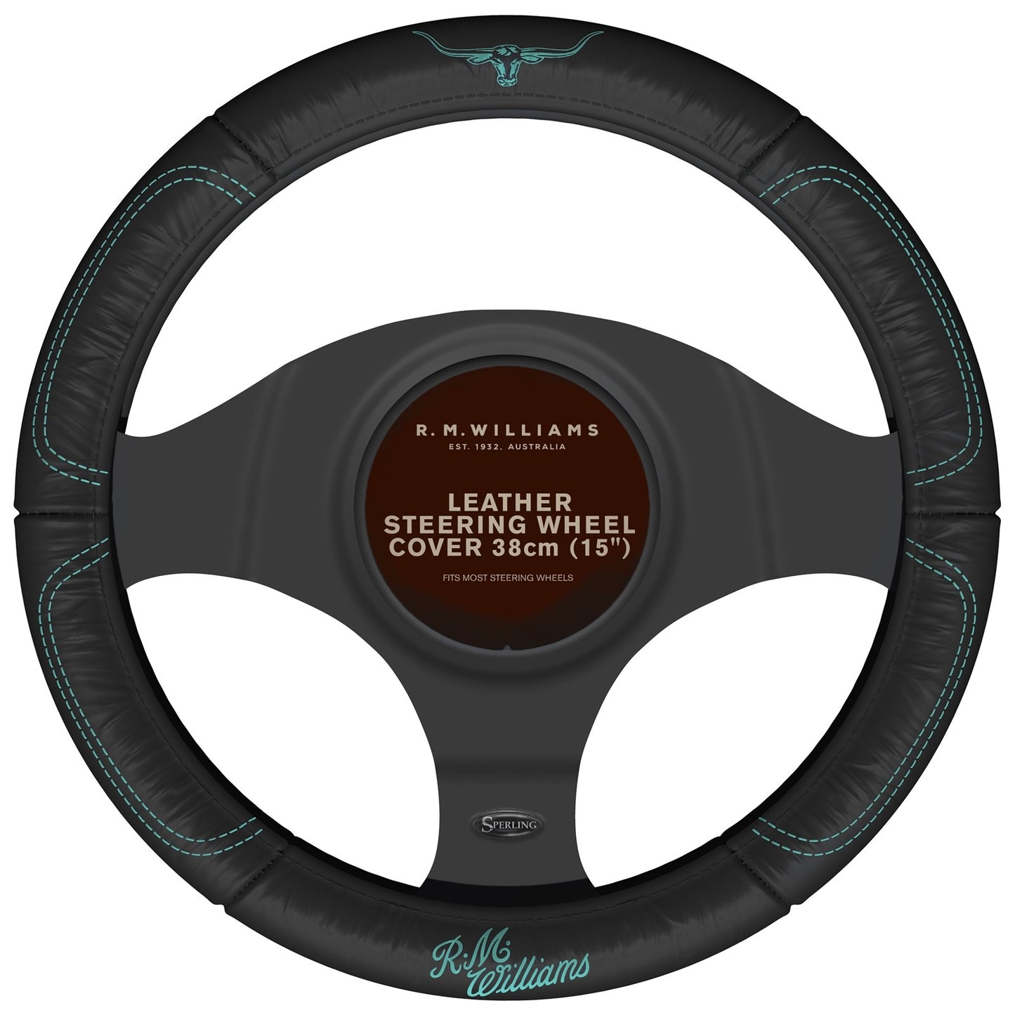 Leather Steering Wheel Cover for R.M. Williams (Black/Aqua)