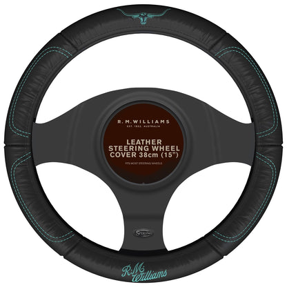 Leather Steering Wheel Cover for R.M. Williams (Black/Aqua)