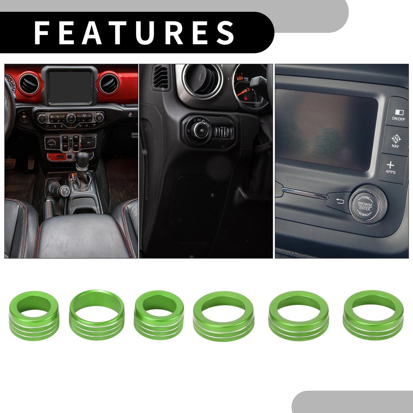 Set of 6 AC Headlight Media Switch Knob Cover Rings for Jeep Wrangler (2018–2023) Green
