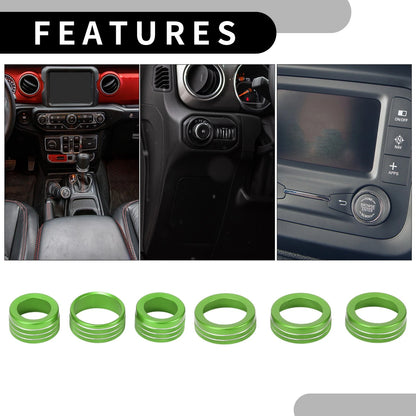 Set of 6 AC Headlight Media Switch Knob Cover Rings for Jeep Wrangler (2018–2023) Green