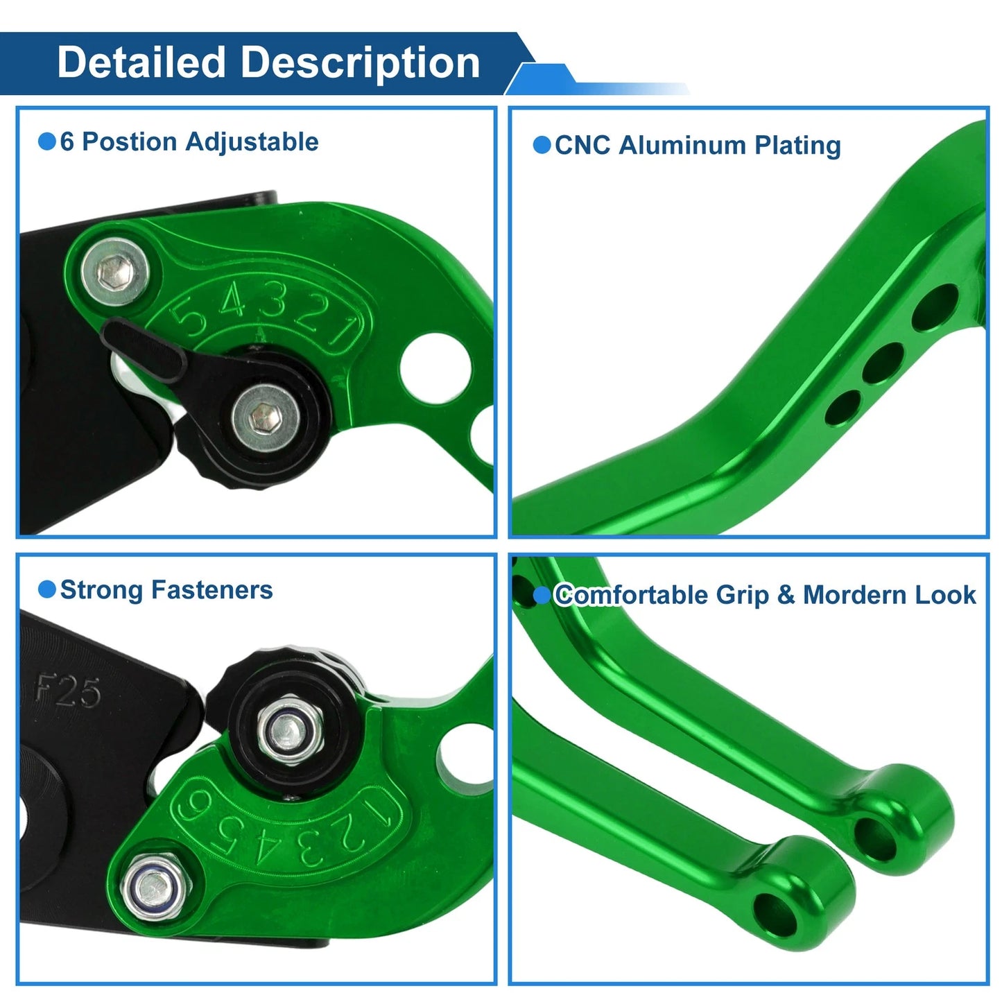 6 Position Adjustable Brake Clutch Levers for Kawasaki Ninja 400R (2011) Green
