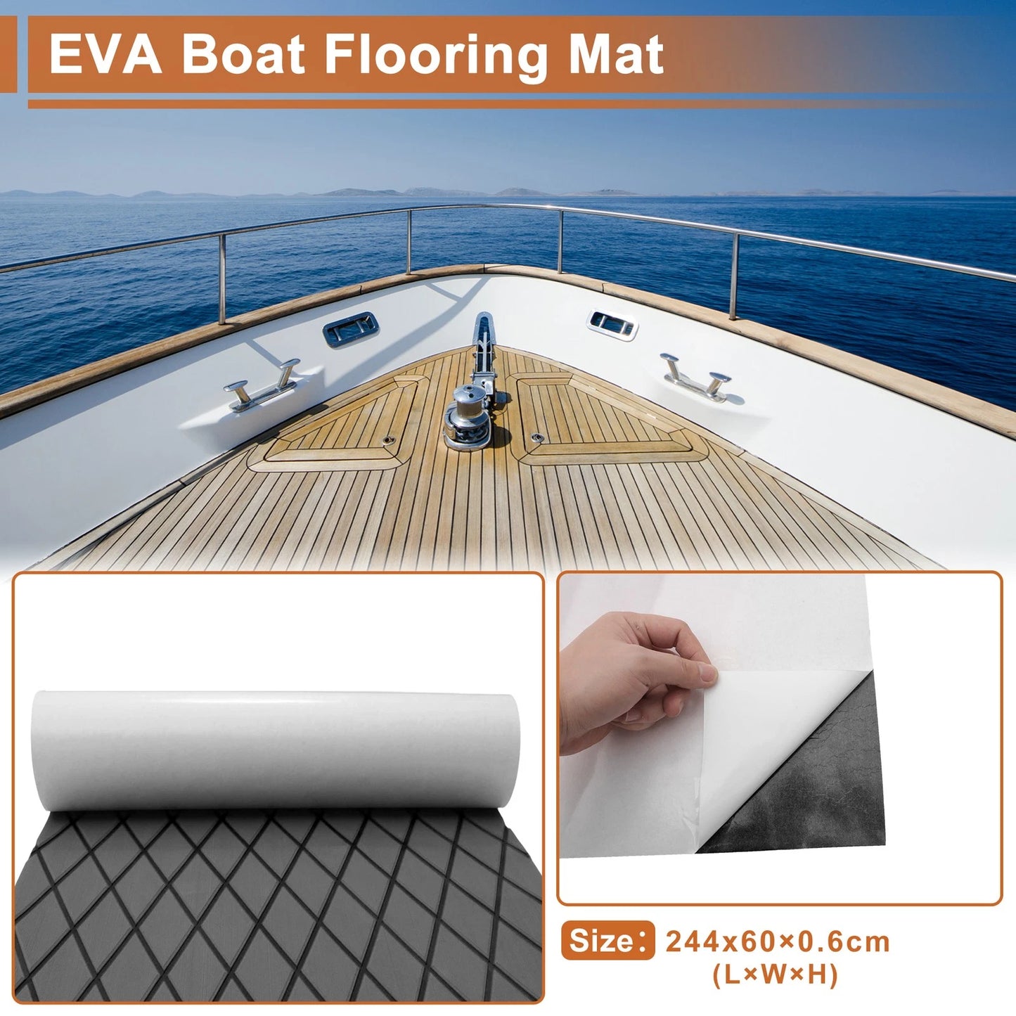 Self-Adhesive Boat Flooring Strip 96"L x 24"W Dark Gray with Black Line