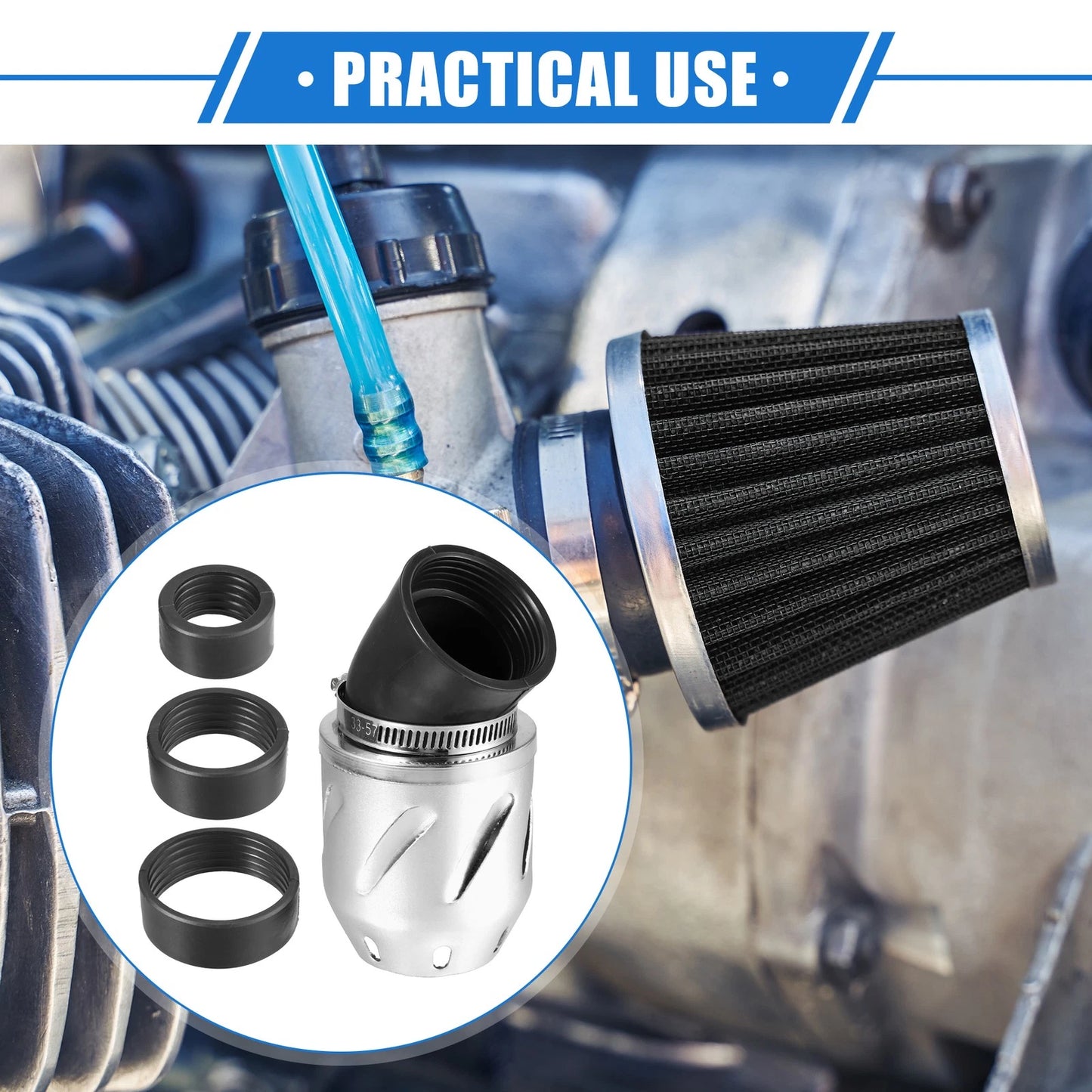 Universal Motorcycle Air Filter 26/35/42/48mm ID 140x70mm Silver Tone