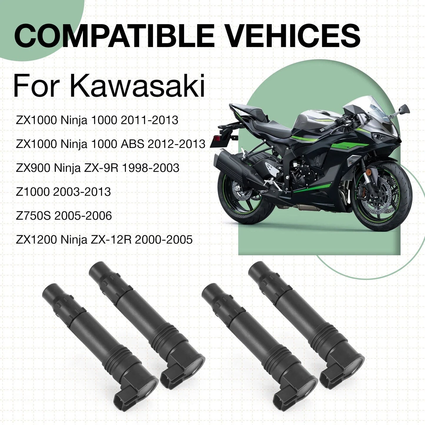4Pcs Ignition Coil for Kawasaki Ninja 1000 ZX-9R ZX-12R Z1000 Z750S(1998–2013)