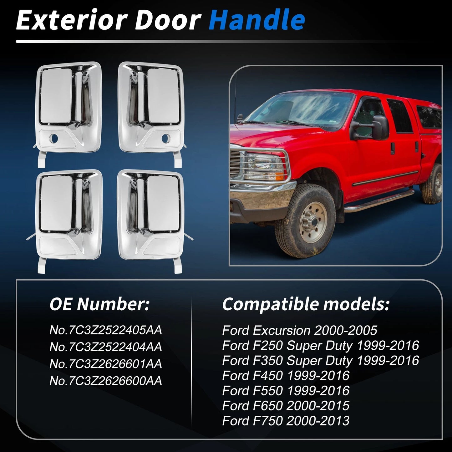 Set of 4 Chrome Exterior Door Handles for Ford F250 F350 (1999–2016) No.7C3Z2522405AA