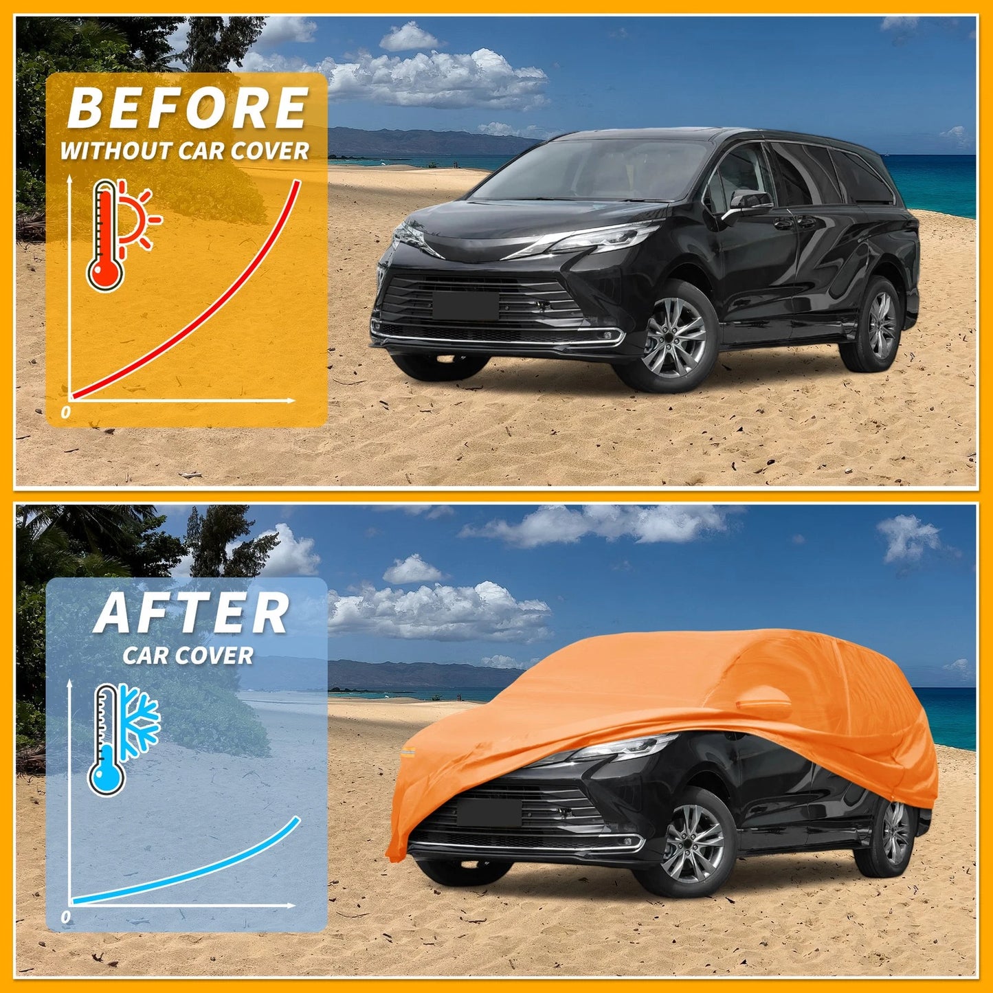 Waterproof Car Cover for Toyota Sienna (2011–2023) 210D-PU, Orange, Zipper
