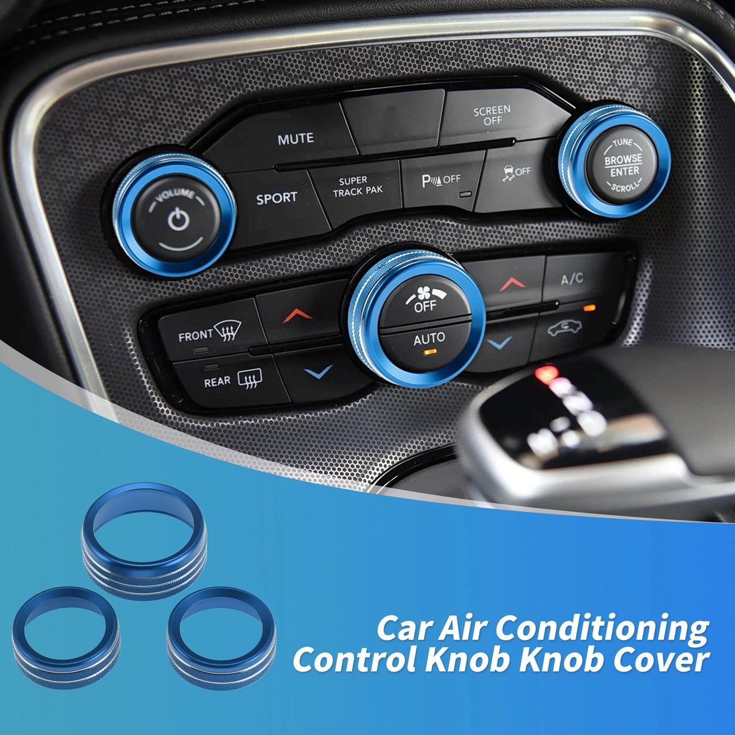 3 pcs Control Switch Knob Button Cover Trim Ring for Dodge Charger (2011–2023) Blue
