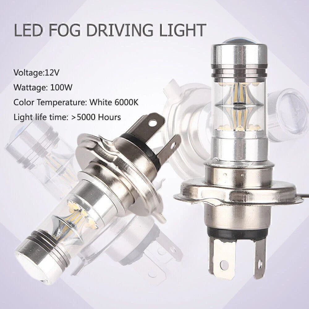 1800LM 6000K H4 100W White LED Fog Daytime Light Bulbs for Car