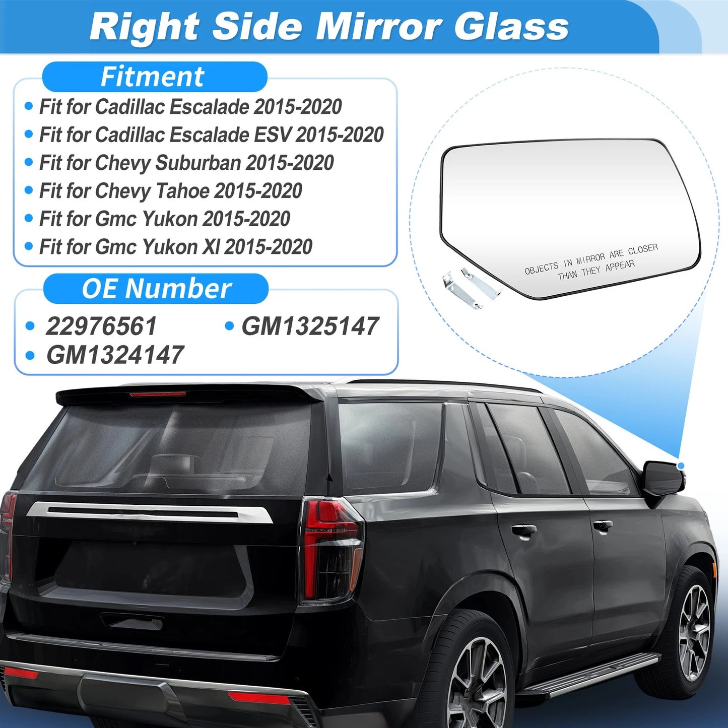 Right Side Heated Mirror Glass for Chevy Suburban Tahoe (2015–2020) 22976560