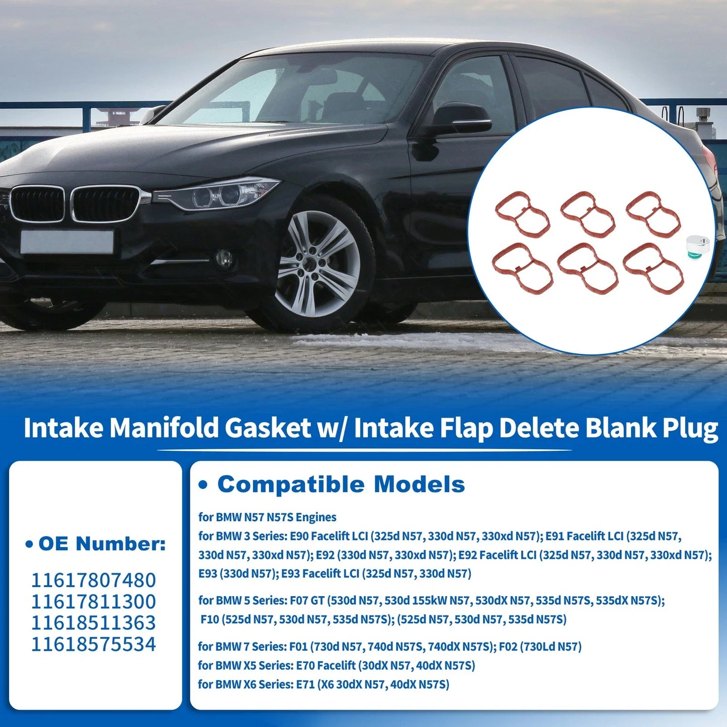 Intake Manifold Gasket with Intake Flap Delete Blank Plug for BMW