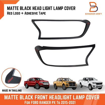 Matte Black Red Logo Headlight Lamp Cover Trim for Ford Ranger (2015-2021)