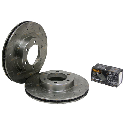 2 Front Slotted Drilled Disc Rotors + Brake Pads for Prado (2002–2009)