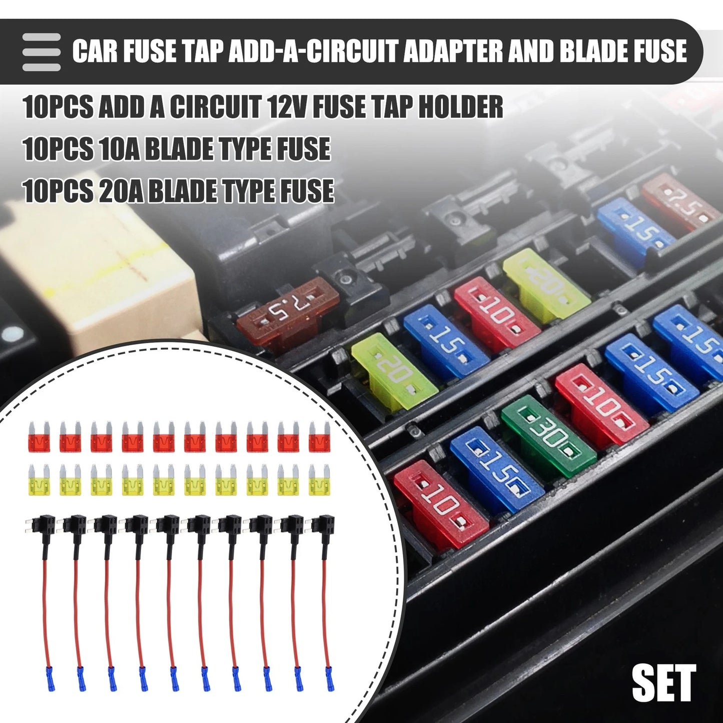 Set of 10 Mini Fuse Taps w/ 10pcs 10A 20A ATM APM Blade Fuses for Automotive