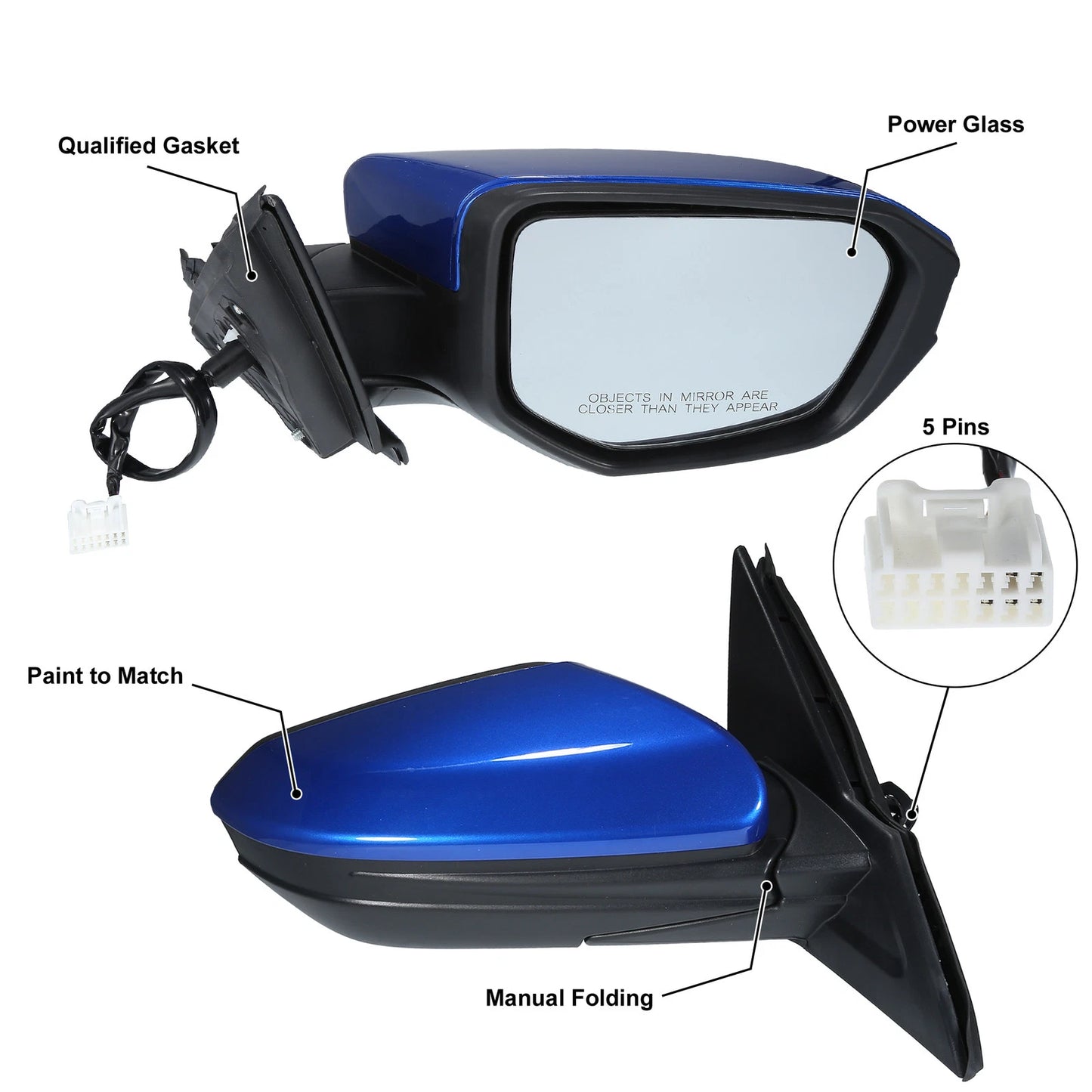 5 Pin Right Side Exterior Door Mirror Assembly for Honda Civic (2016–2020)