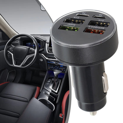 6-Port Car Charger with LED Display and USB Outputs for Vehicles