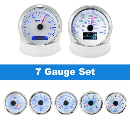 7 Gauge Set for Marine Boat (GPS Speedometer, Tacho, Fuel, Temp, Oil, Volt, Trim)