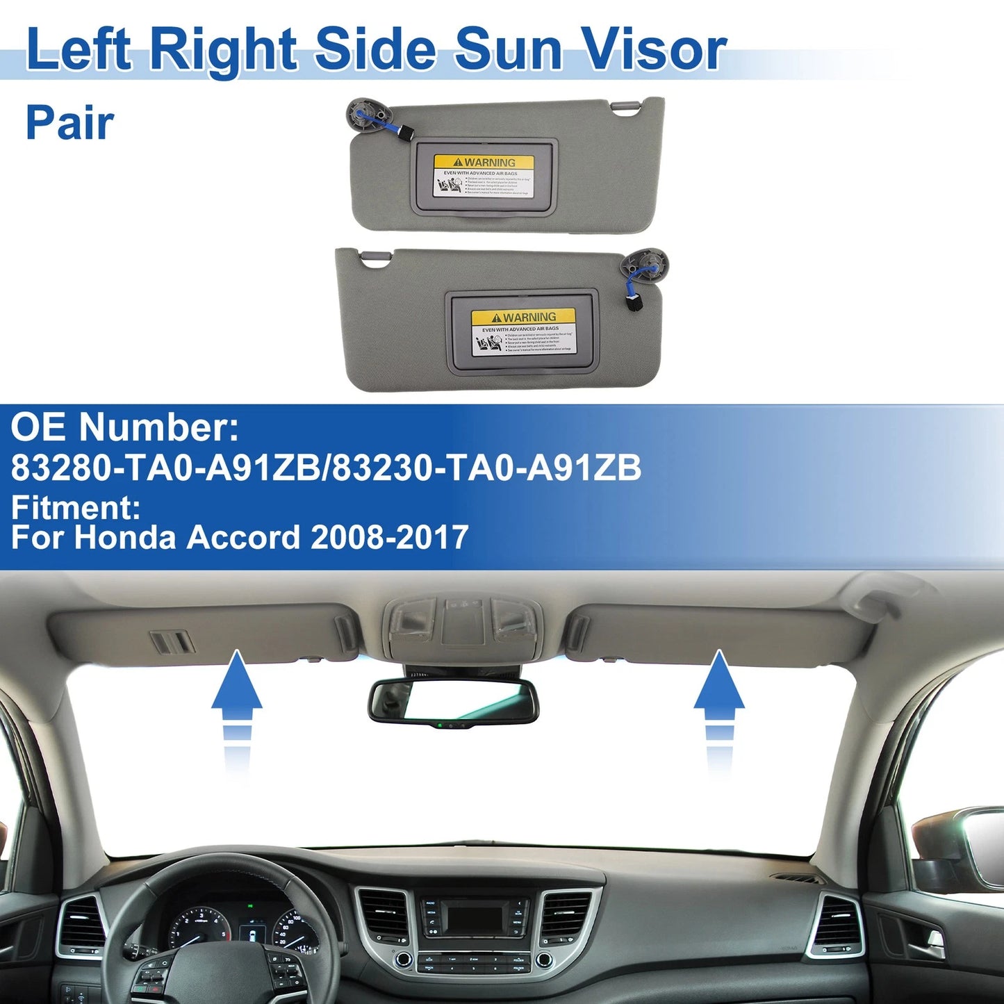 Set of 2 Sun Visors for Honda Accord (2008–2017) No. 83280-TA0-A91ZB Gray