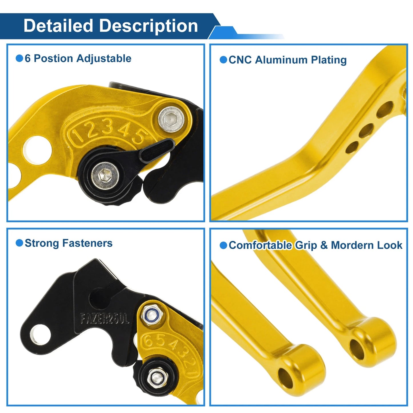 6-Speed Adjustable Brake Clutch Levers for Yamaha Raptor 660 (2001–2004) Gold Tone