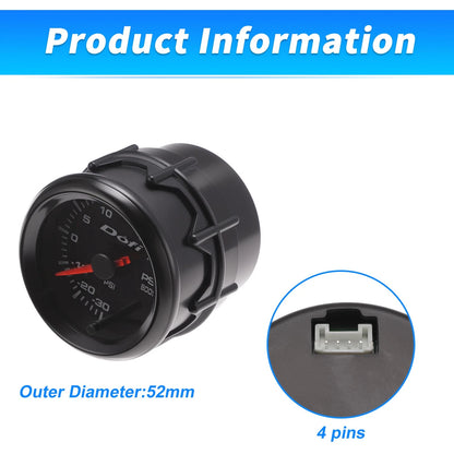 52mm Turbo Boost Vacuum Gauge 0-30PSI -30-0inHg Black Dial w/ LED