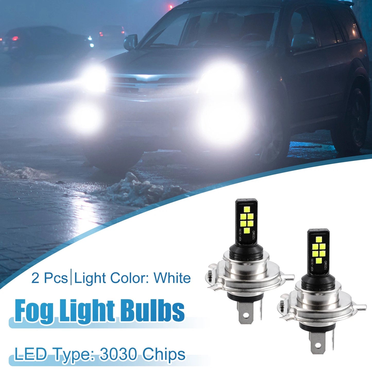 Set of 2 H4 LED Fog Light Bulbs for Auto (12 Chips, White)