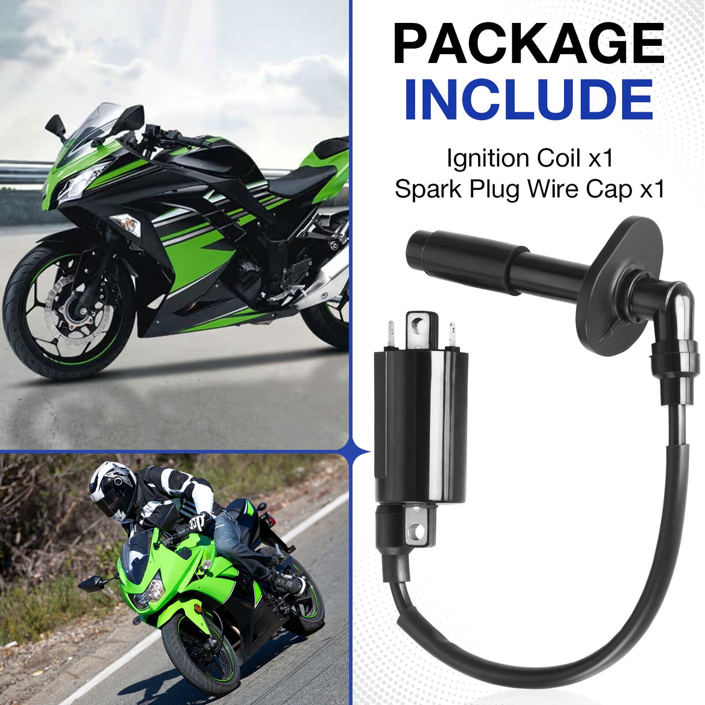 Ignition Coil & Spark Plug Cap for Kawasaki Ninja 250R (1988–2007)