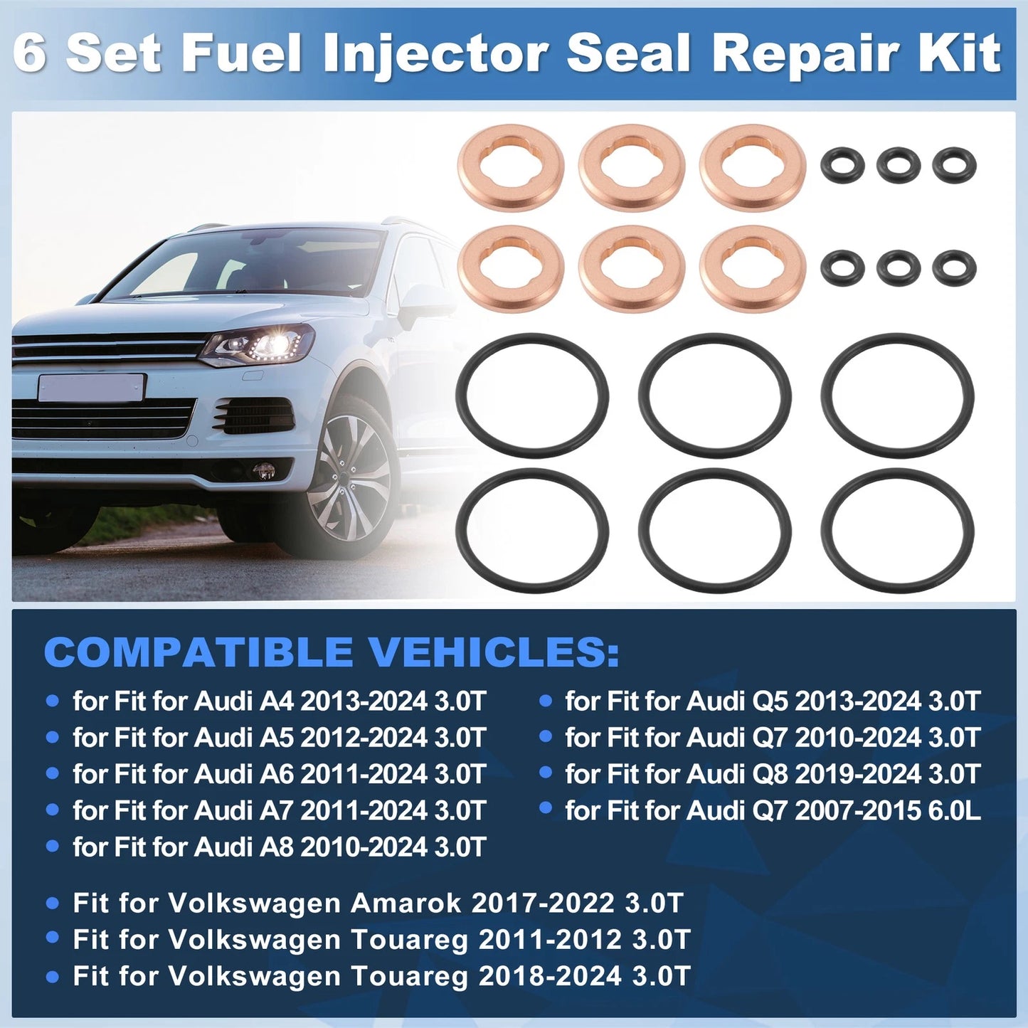 Set of 6 Fuel Injector Seal Repair Kit for Volkswagen Touareg (2011–2014)