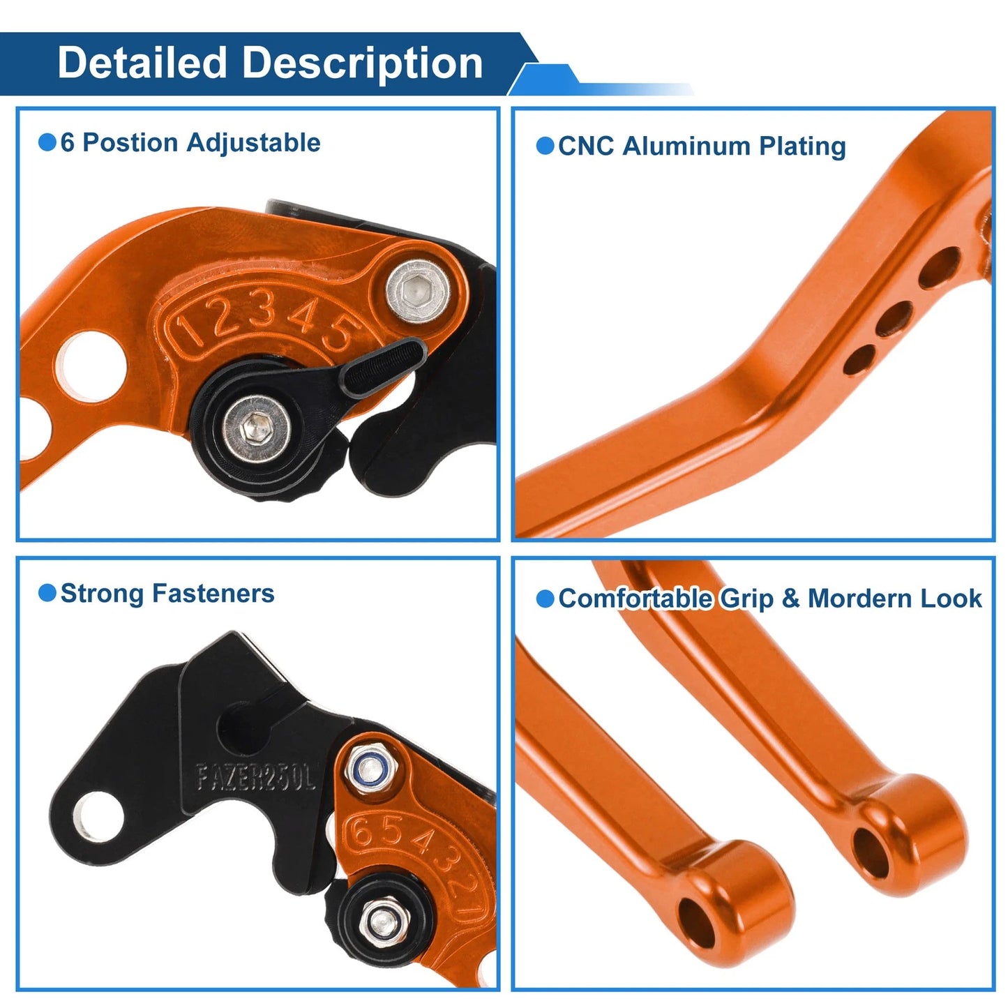6-Speed Adjustable Brake Clutch Levers for Yamaha Raptor 660 (2001–2004) Orange