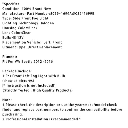 Front Left Fog Light with Bulb for VW Beetle (2012–2016) 5C5941699A