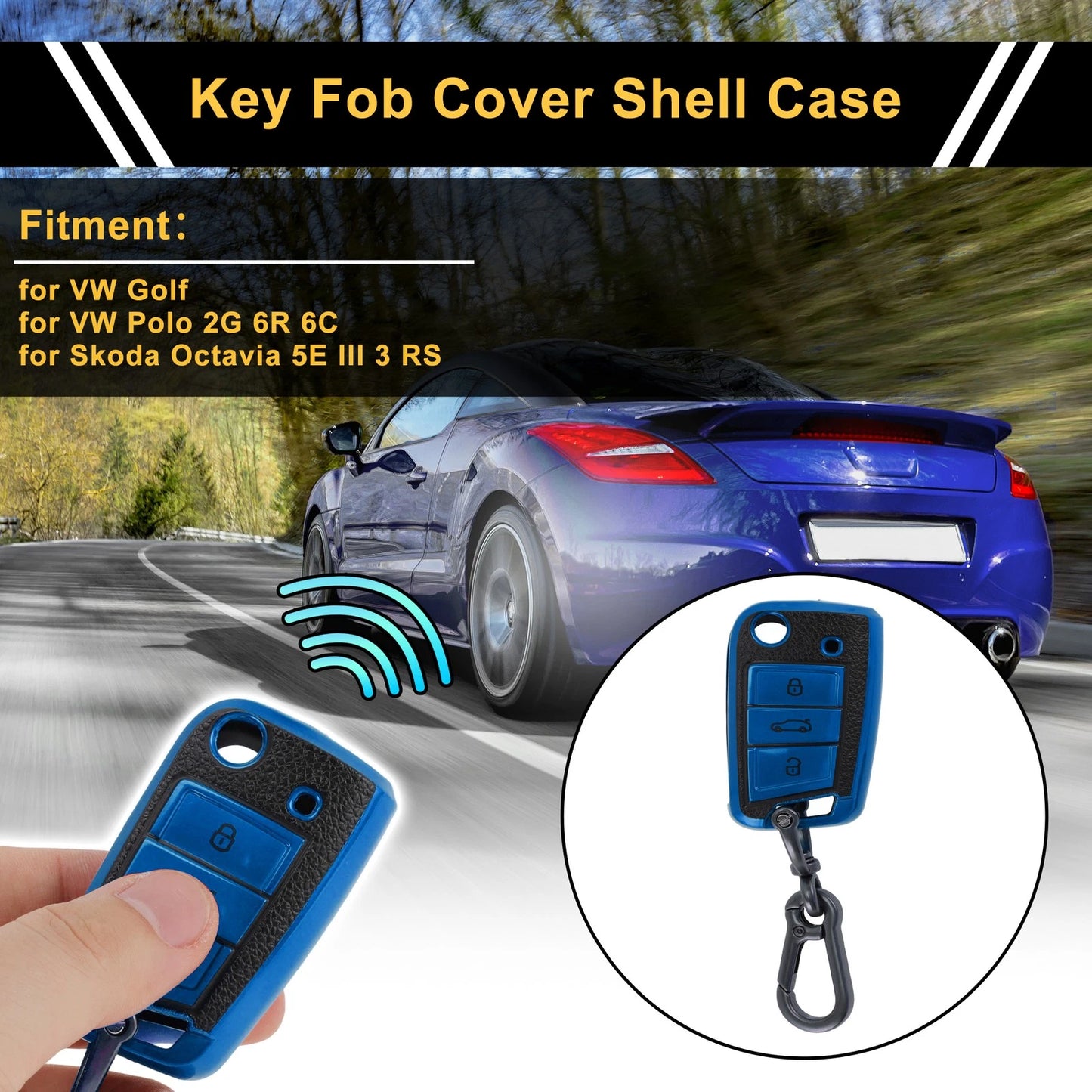 Blue TPU Car Key Case for VW Golf (2010–2023) - 3 Buttons Remote Fob