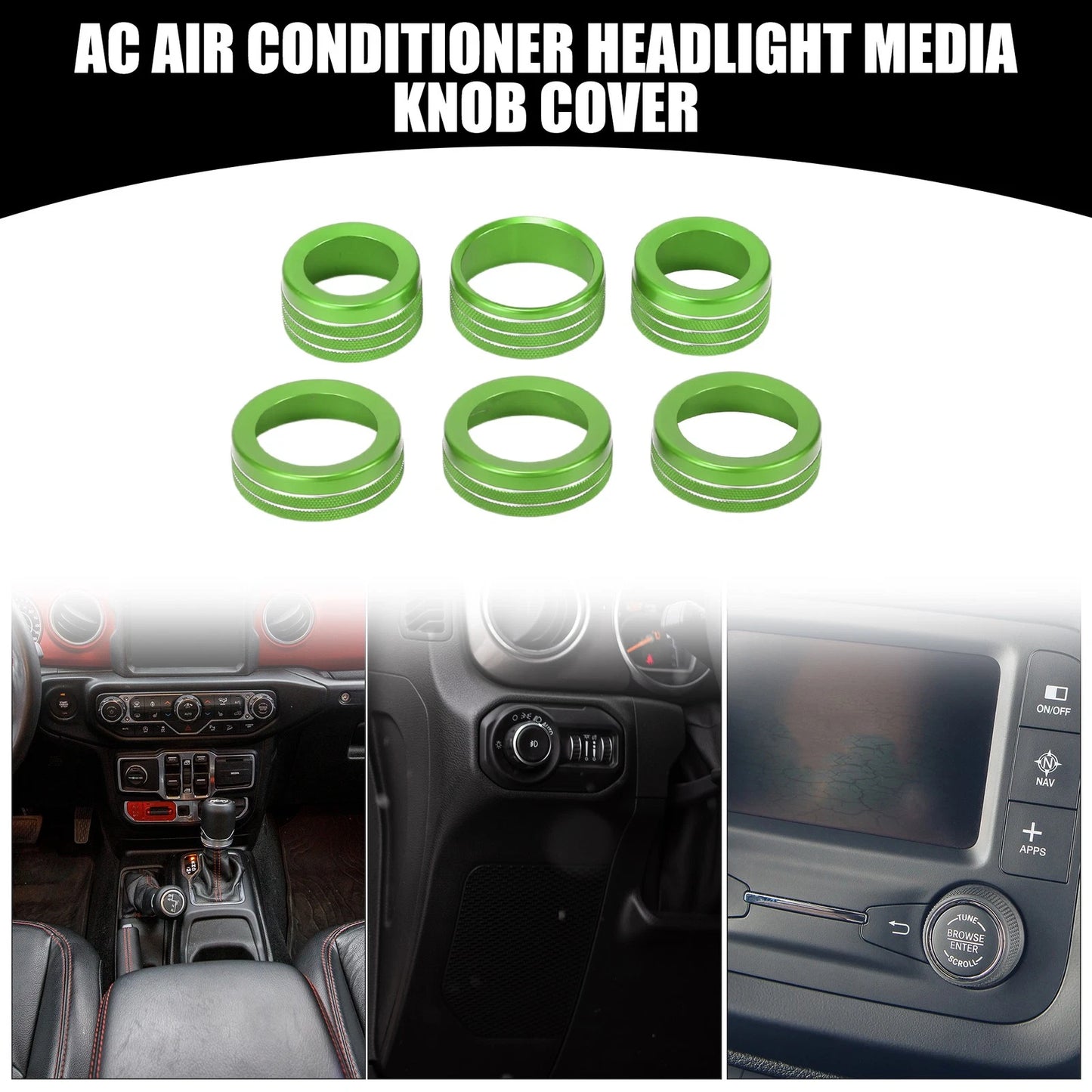 Set of 6 AC Headlight Media Switch Knob Cover Rings for Jeep Wrangler (2018–2023) Green