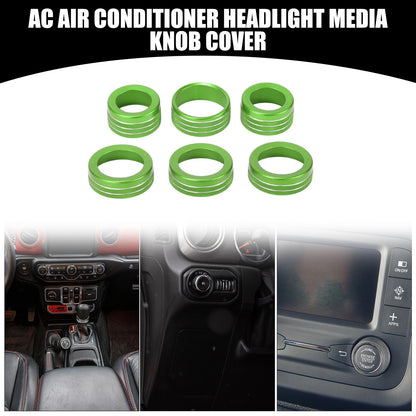 Set of 6 AC Headlight Media Switch Knob Cover Rings for Jeep Wrangler (2018–2023) Green