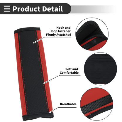 Set of 2 Black Red Faux Leather Seat Belt Cover Pads for Universal Fit