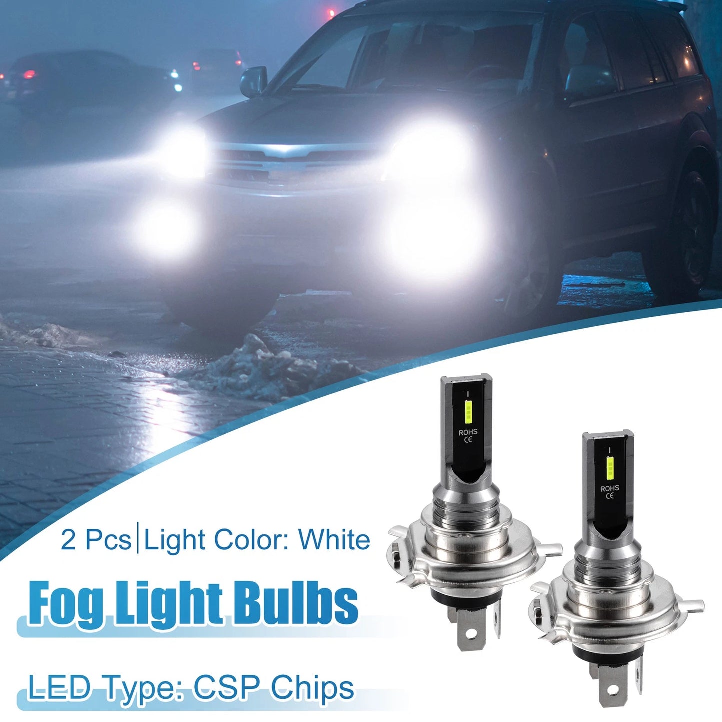 Set of 2 H4 LED Fog Light Bulbs for Auto Car (CSP Chips, White)
