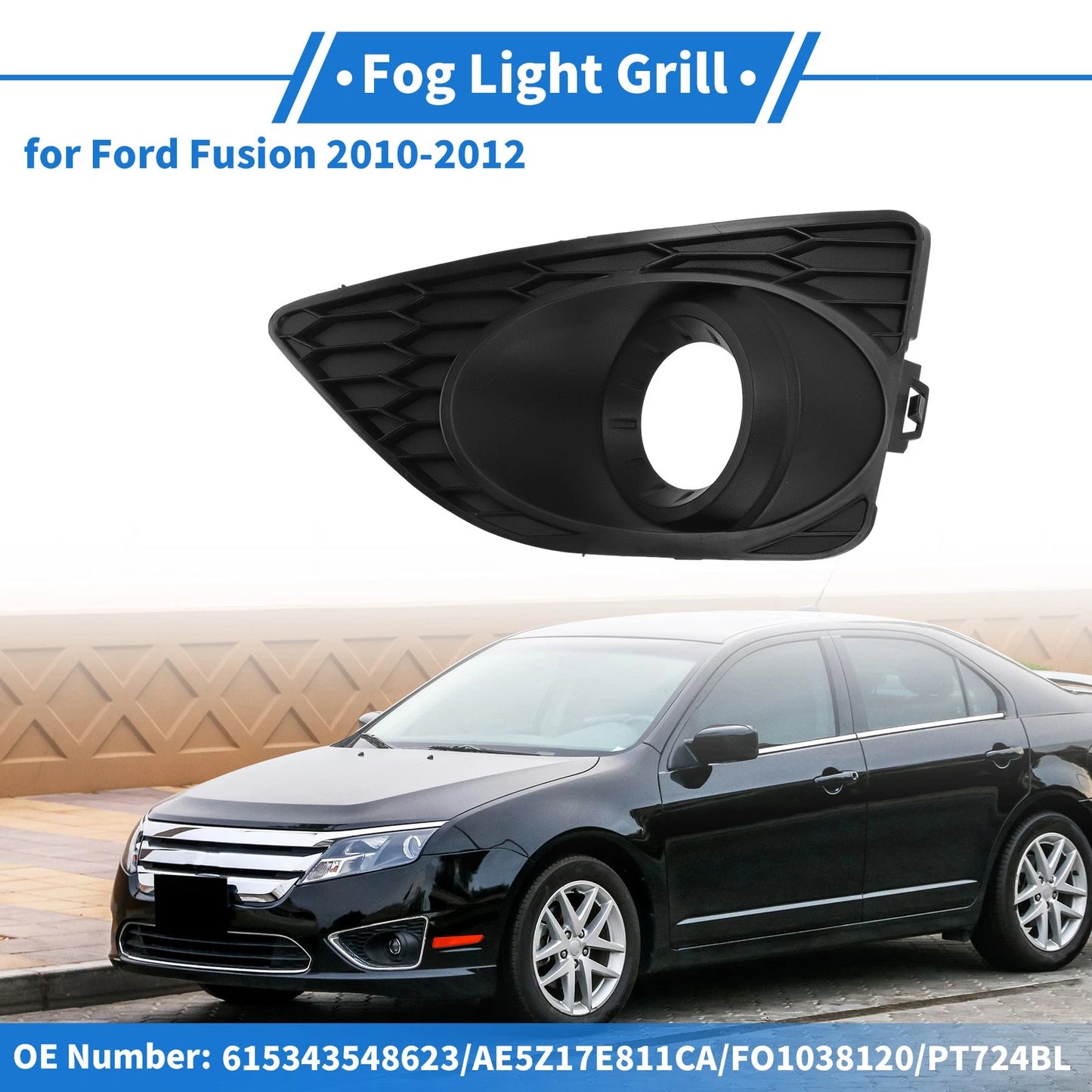 Front Left Fog Light Grill No. 615343548623 for Ford Fusion (2010–2012) Black ABS