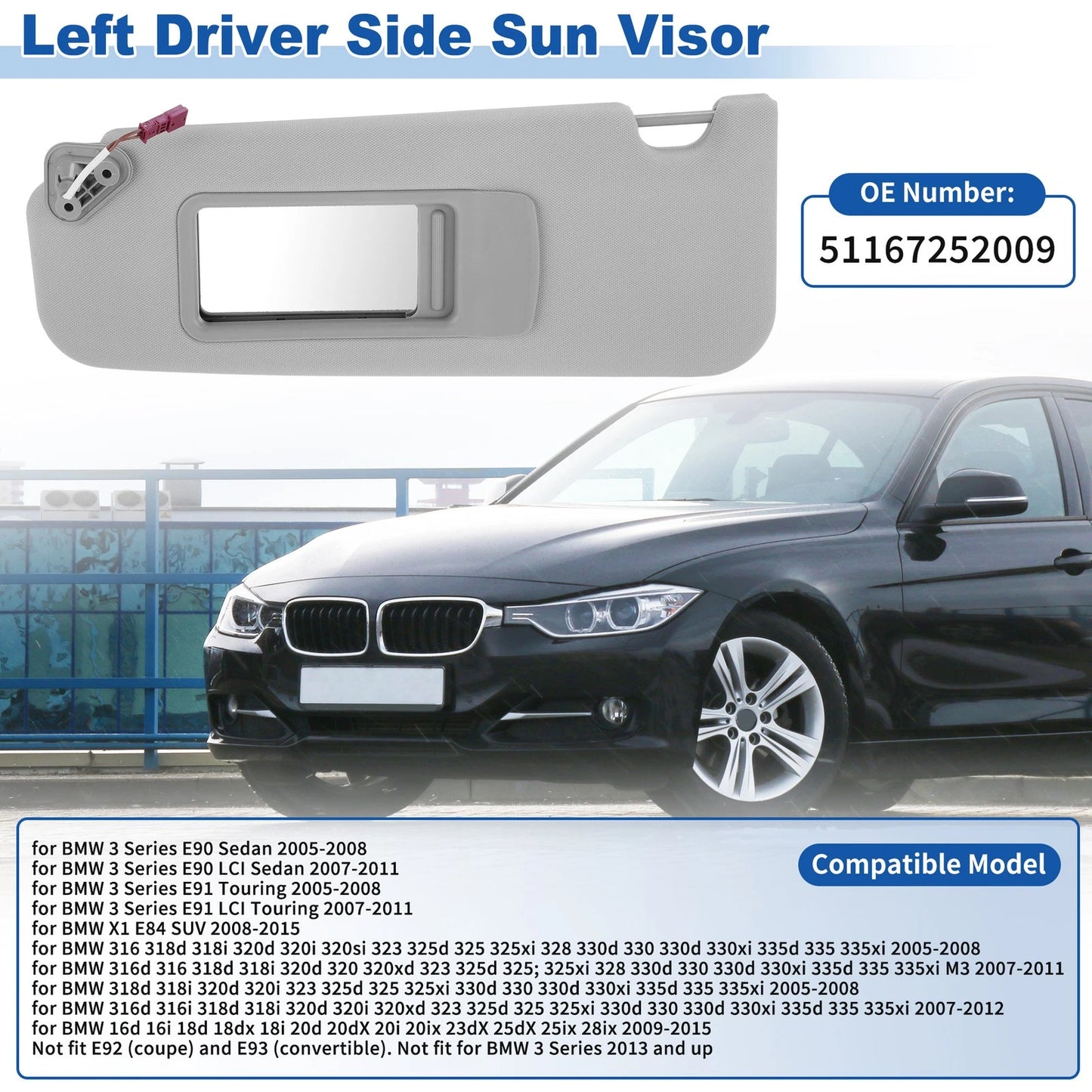 Left Side Sun Visor for BMW 3 Series E90/E91 (2005–2008) No. 51167252009