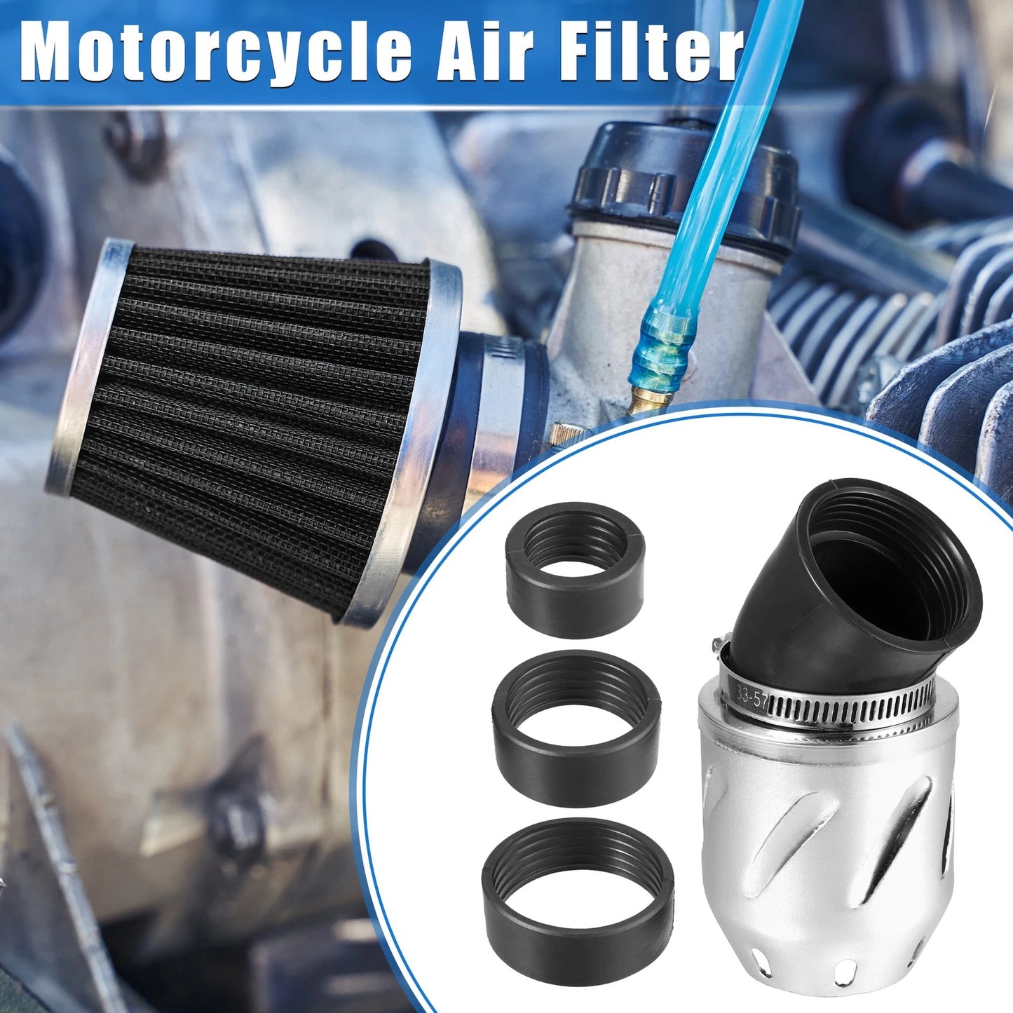 Universal Motorcycle Air Filter 26/35/42/48mm ID 140x70mm Silver Tone