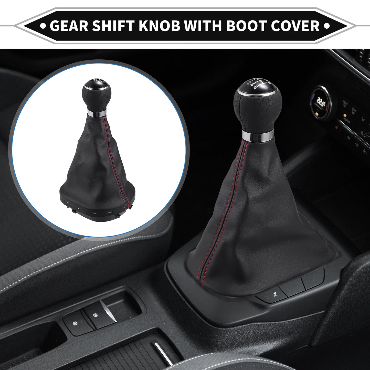 6 Speed Shift Knob with Boot Cover for VW Caddy (2016–2023) Black Red