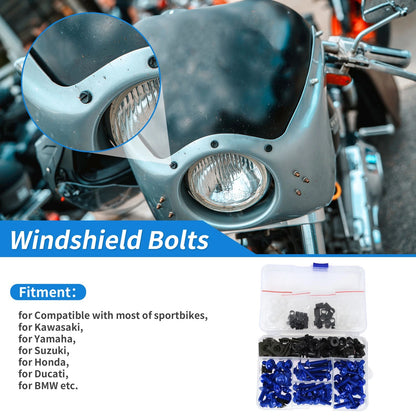 Windshield Bolts for Kawasaki Yamaha Suzuki (Stainless Steel, Rubber, Blue)